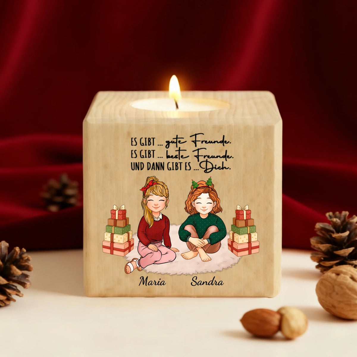 Personalisierter, Weihnachts-Teelichthalter aus Holz für Freundinnen, Schwestern und Kolleginnen