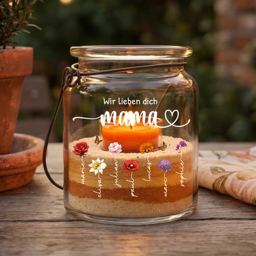 Personalisierte Gartenlaterne mit Kindernamen und Blumen für Mama – Mamas Garten – Motiv 2