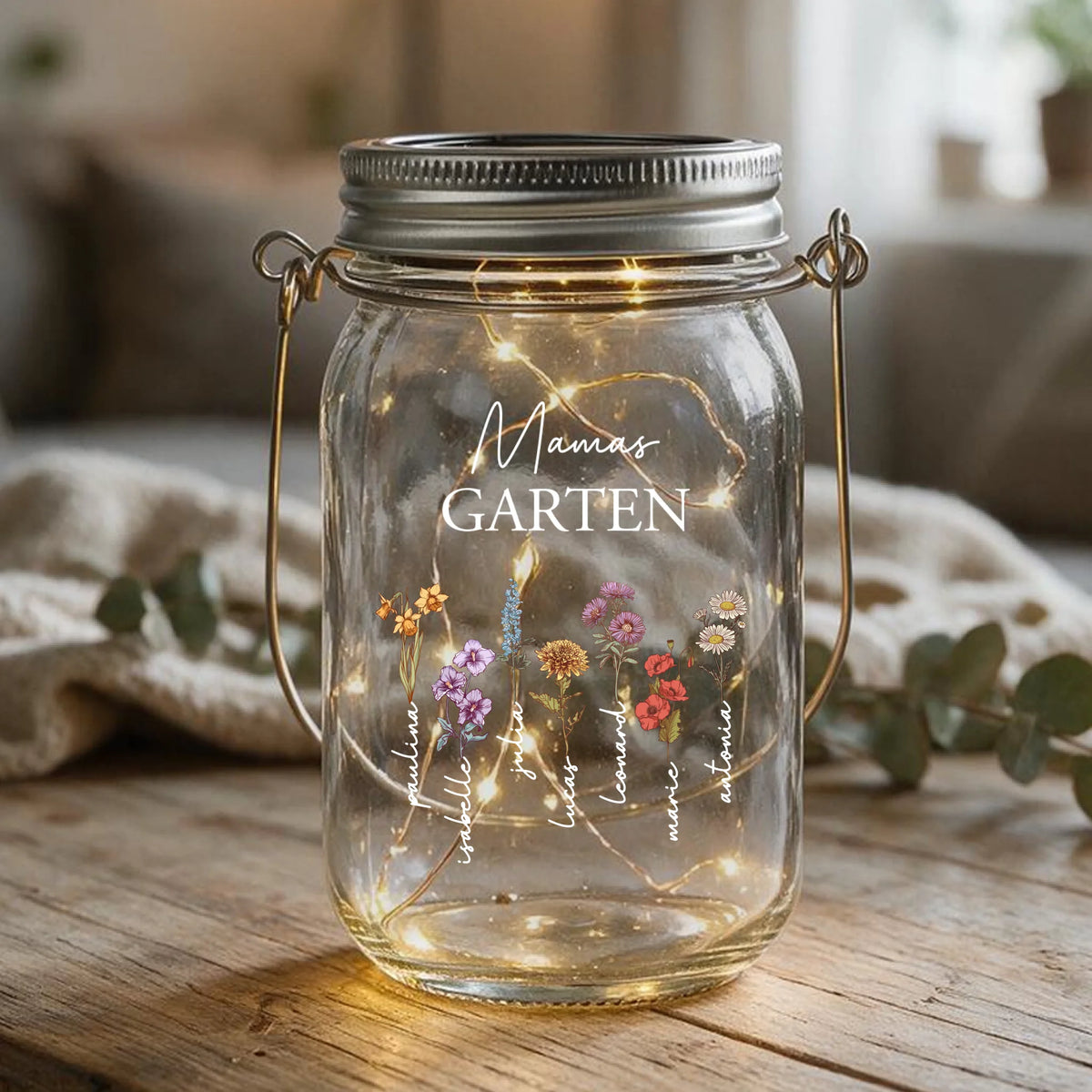 Personalisiertes LED Solarlicht mit Namen und Blumen für Mama – Mamas Garten
