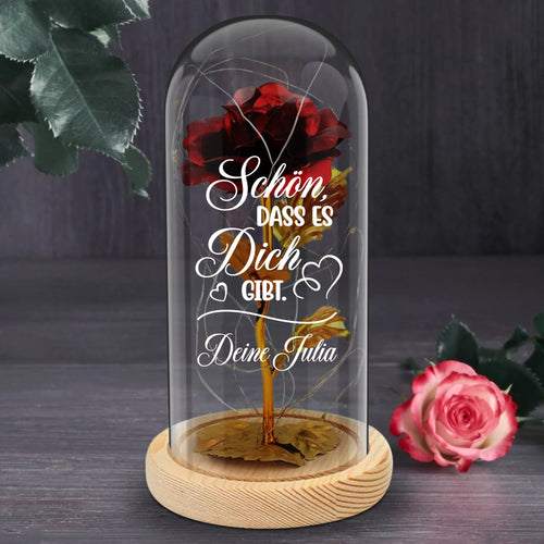 Ewige Rose "Schön, dass es dich gibt" in der Glaskuppel mit LED Licht personalisiert von Love & Faith