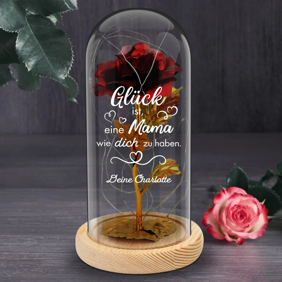 Personalisierte Goldene Rose mit Druck – Glück ist... für deine Liebsten