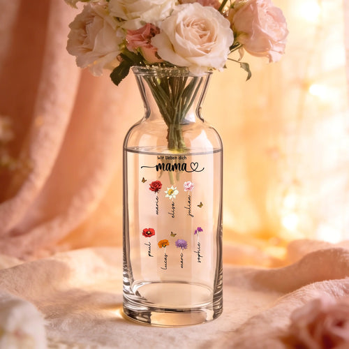 Personalisierte Glasvase für Eltern und Großeltern mit Blumen und Namen – Motiv 2