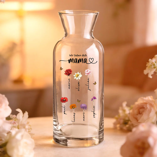 Personalisierte Glasvase für Eltern und Großeltern mit Blumen und Namen
